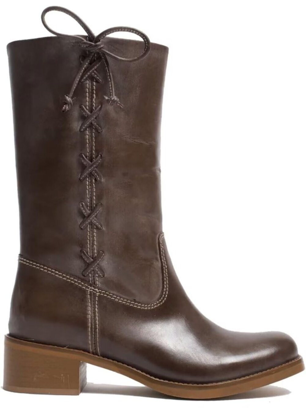 👢Women's Brown Vintage Campus Mid Calf Boots Side-Lace Round Toe Riding Boots